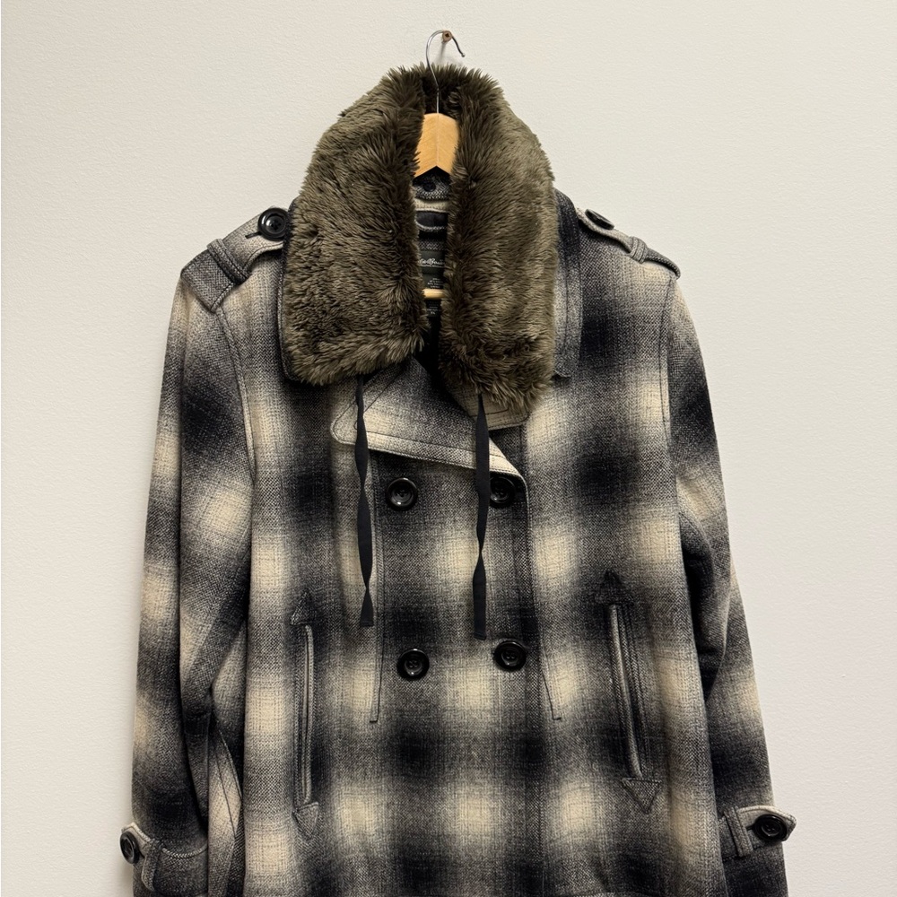 Eddie Bauer Black and Gray Plaid Trench Coat with Faux Fur Collar